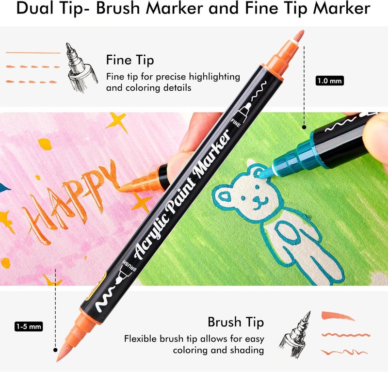 Shuttle Art 28 لون باستيل أقلام طلاء أكريليك ذات طرفين، طرف فرشاة وطرف دقيق لأقلام الطلاء الأكريليكي للصخور، السيراميك، الخشب، القماش، البلاستيك، الزجاج، الحجر، الخط، صناعة البطاقات، الحرف والفن على الأظافر - Image 3